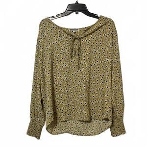 Pleione Women's Mustard Smocked Cuff Floral Print Long Sleeve Chic Blouse Medium